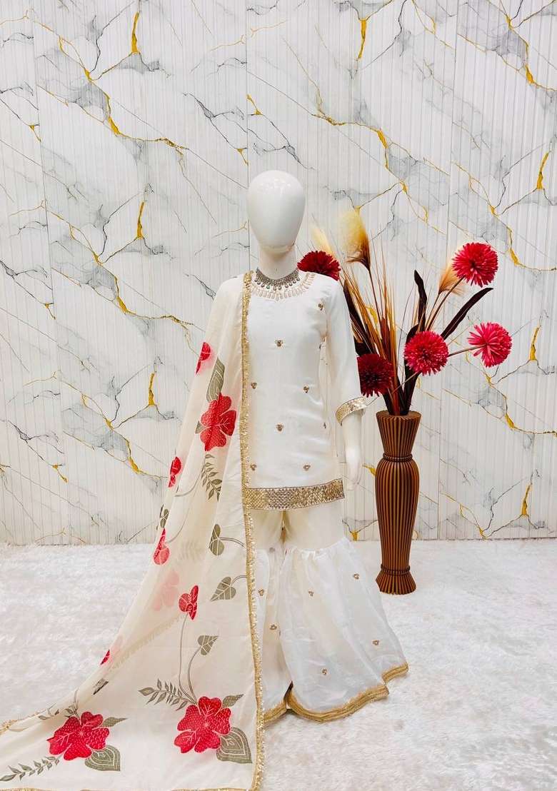 Off White Embroidered Silk Sharara Set For Girls - Indya