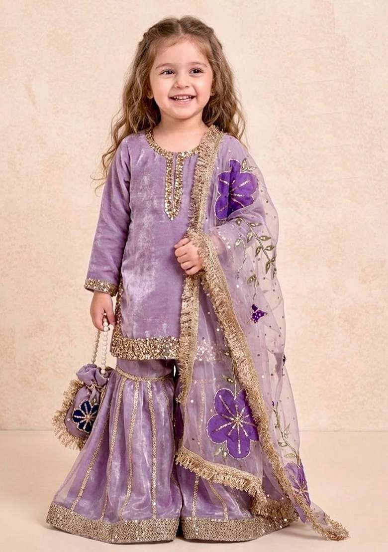 Lavender Embroidered Silk Sharara Set For Girls - Indya