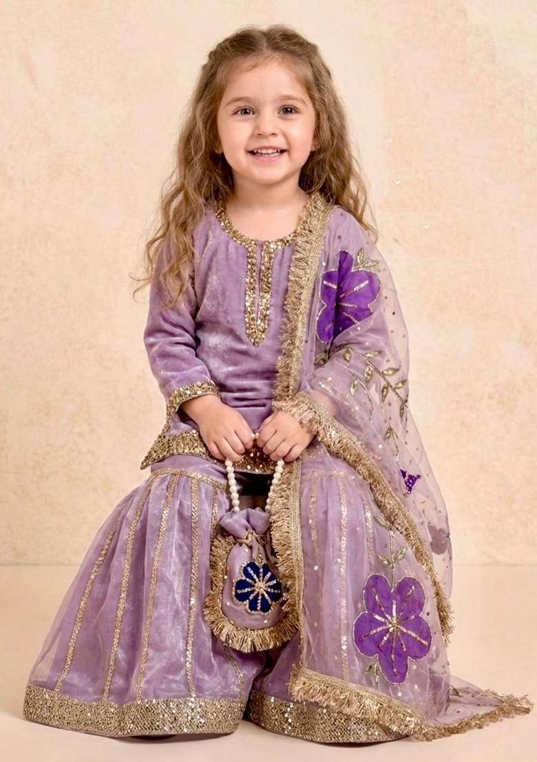 Lavender Embroidered Silk Sharara Set For Girls - Indya