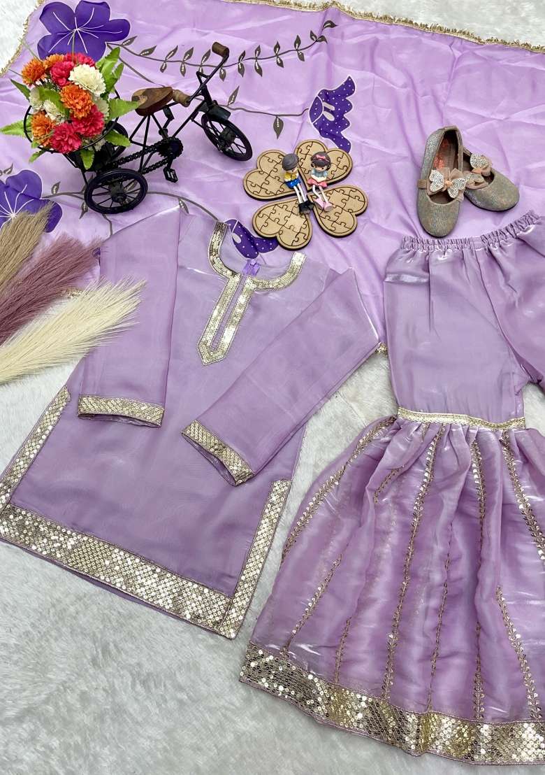 Lavender Embroidered Silk Sharara Set For Girls - Indya