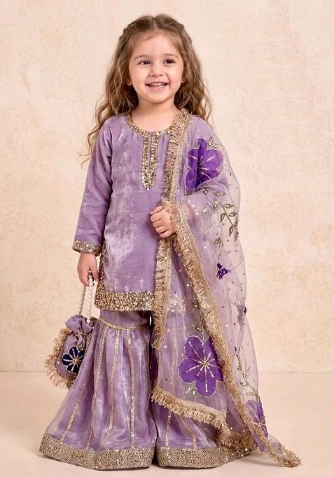 Lavender Embroidered Silk Sharara Set For Girls