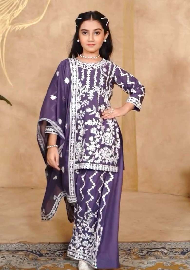 Purple Embroidered Georgette Salwar Suits For Girls - Indya