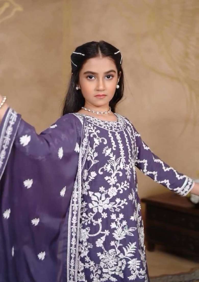 Purple Embroidered Georgette Salwar Suits For Girls - Indya