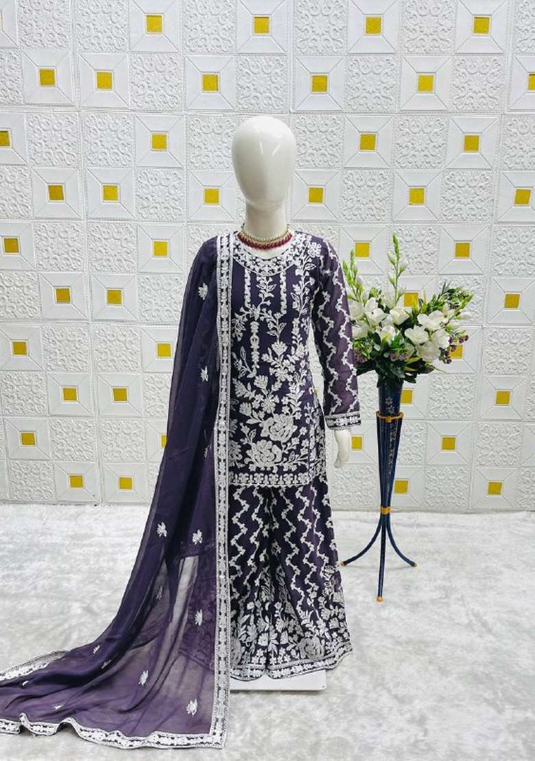 Purple Embroidered Georgette Salwar Suits For Girls - Indya