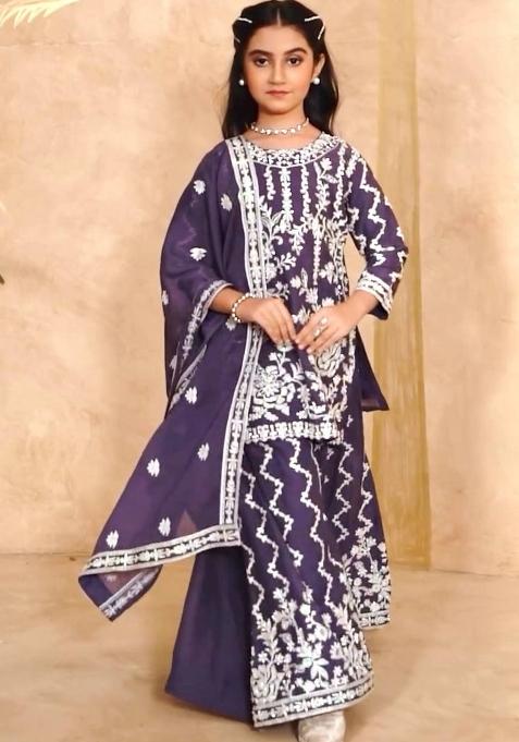 Purple Embroidered Georgette Salwar Suits For Girls