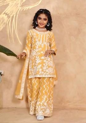 Yellow Embroidered Georgette Salwar Suits For Girls