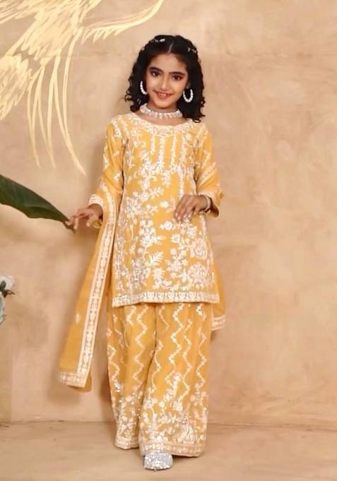 Yellow Embroidered Georgette Salwar Suits For Girls