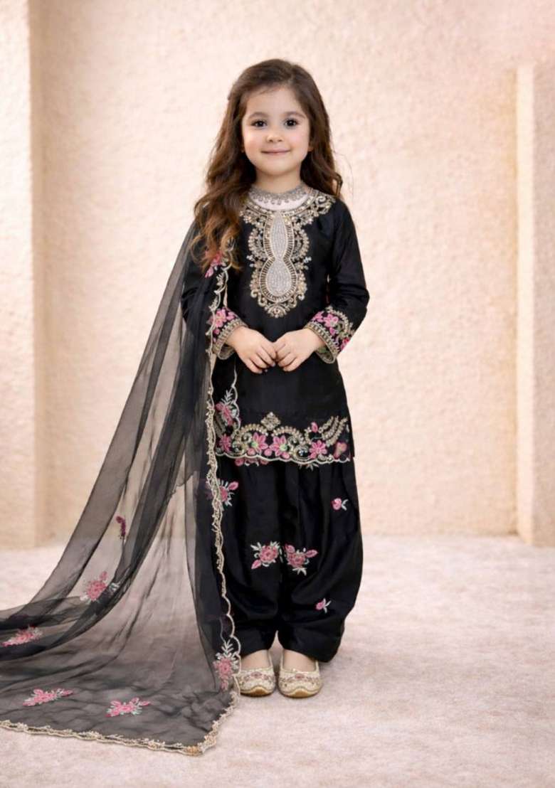 Black Embroidered Crepe Salwar Suits For Girls - Indya