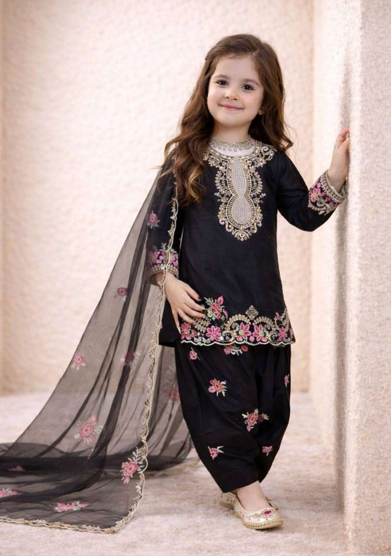 Black Embroidered Crepe Salwar Suits For Girls - Indya