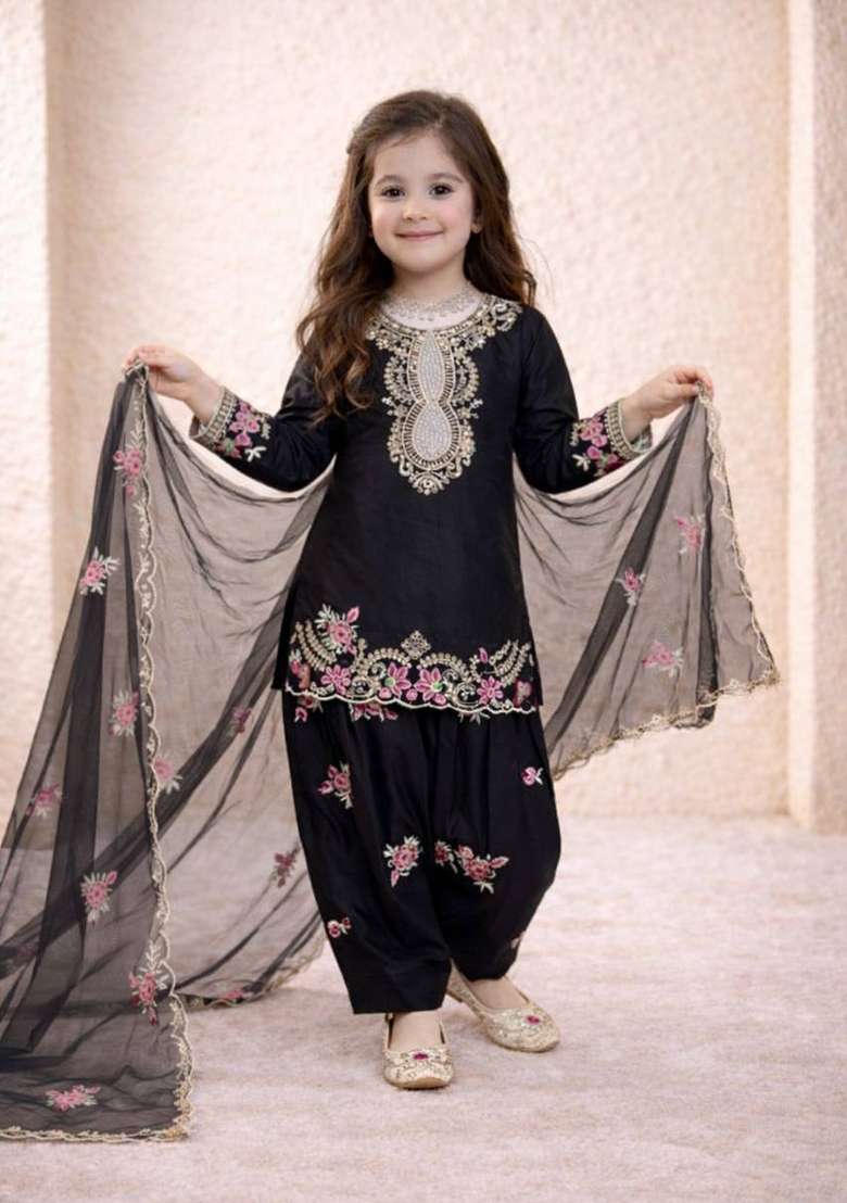 Black Embroidered Crepe Salwar Suits For Girls - Indya
