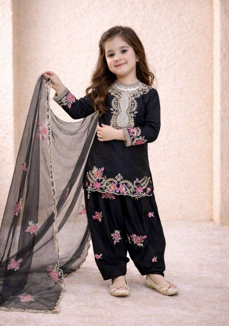 Black Embroidered Crepe Salwar Suits For Girls - Indya
