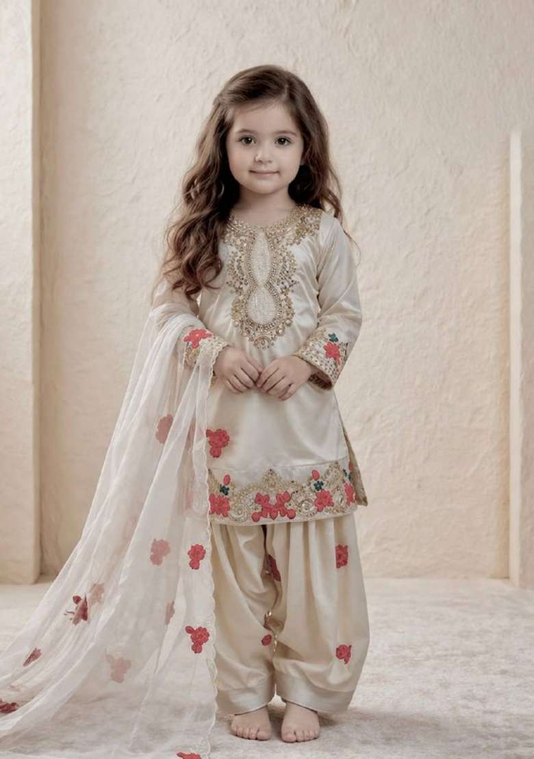 Off White Embroidered Crepe Salwar Suits For Girls - Indya