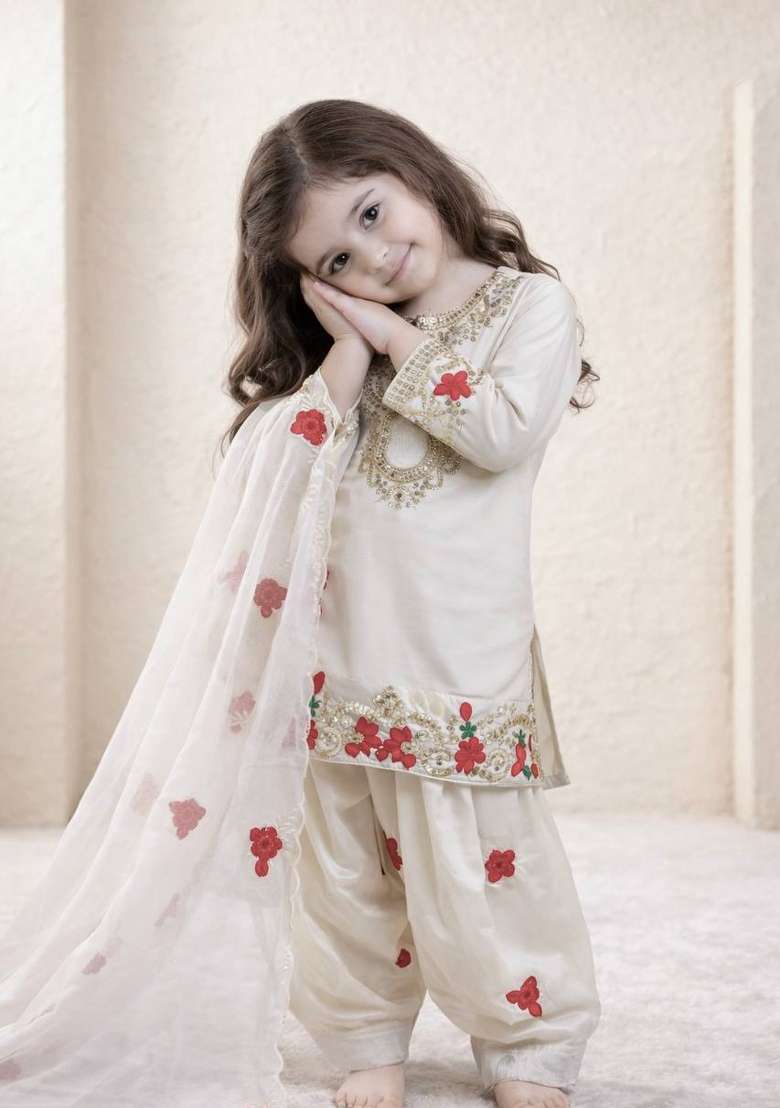 Off White Embroidered Crepe Salwar Suits For Girls - Indya
