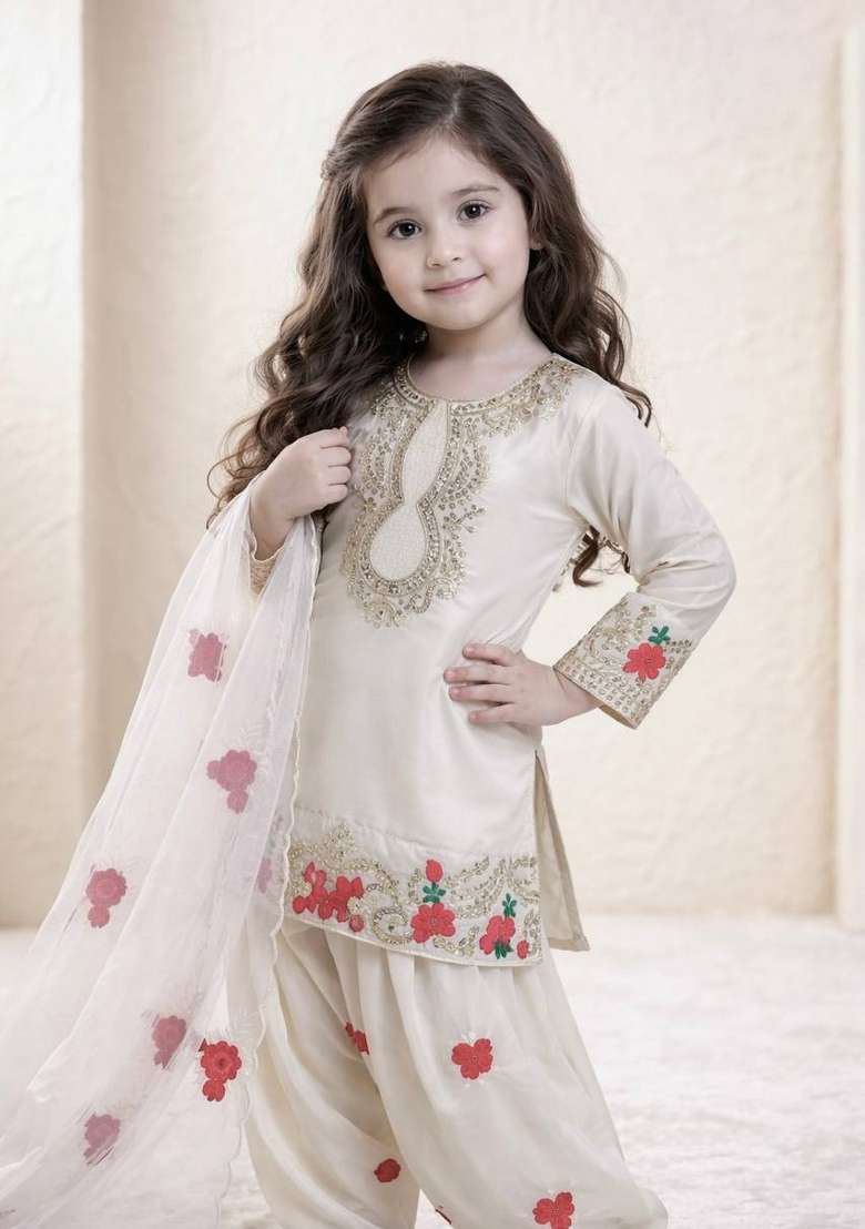 Off White Embroidered Crepe Salwar Suits For Girls - Indya