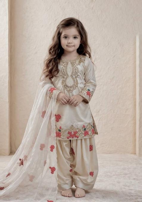 Off White Embroidered Crepe Salwar Suits For Girls