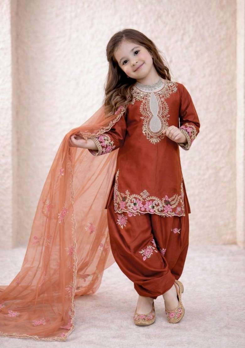 Orange Embroidered Crepe Salwar Suits For Girls - Indya