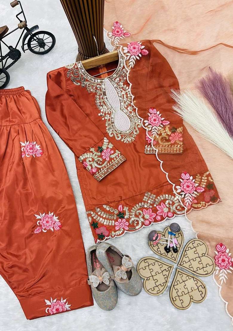 Orange Embroidered Crepe Salwar Suits For Girls - Indya