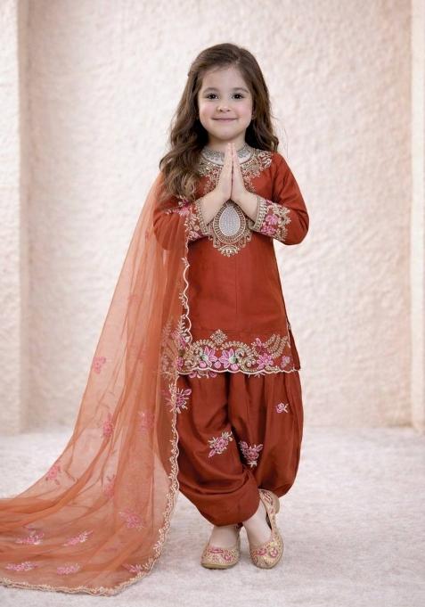 Orange Embroidered Crepe Salwar Suits For Girls