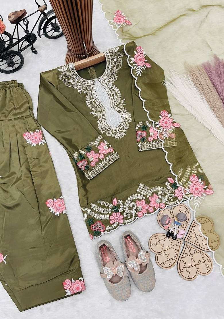 Mehendi Green Embroidered Crepe Salwar Suits For Girls - Indya