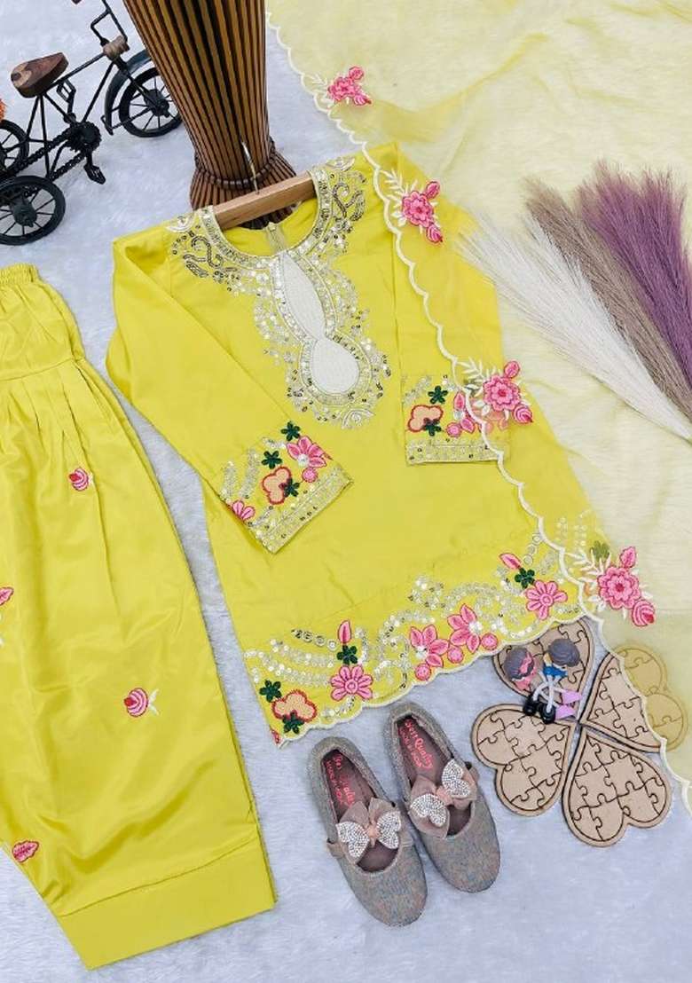 Yellow Embroidered Crepe Salwar Suits For Girls - Indya