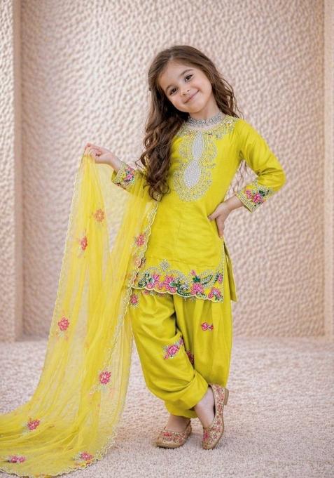 Yellow Embroidered Crepe Salwar Suits For Girls