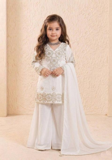 White Embroidered Georgette Salwar Suits For Girls