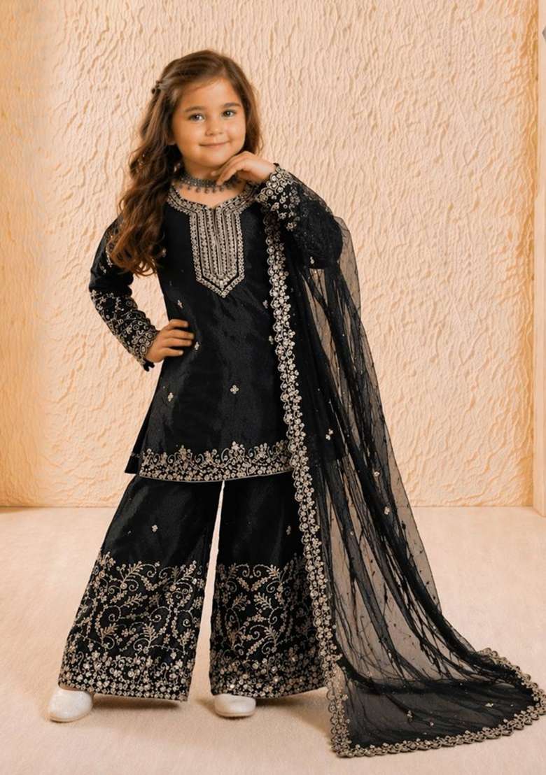 Black Embroidered Silk Salwar Suits For Girls - Indya