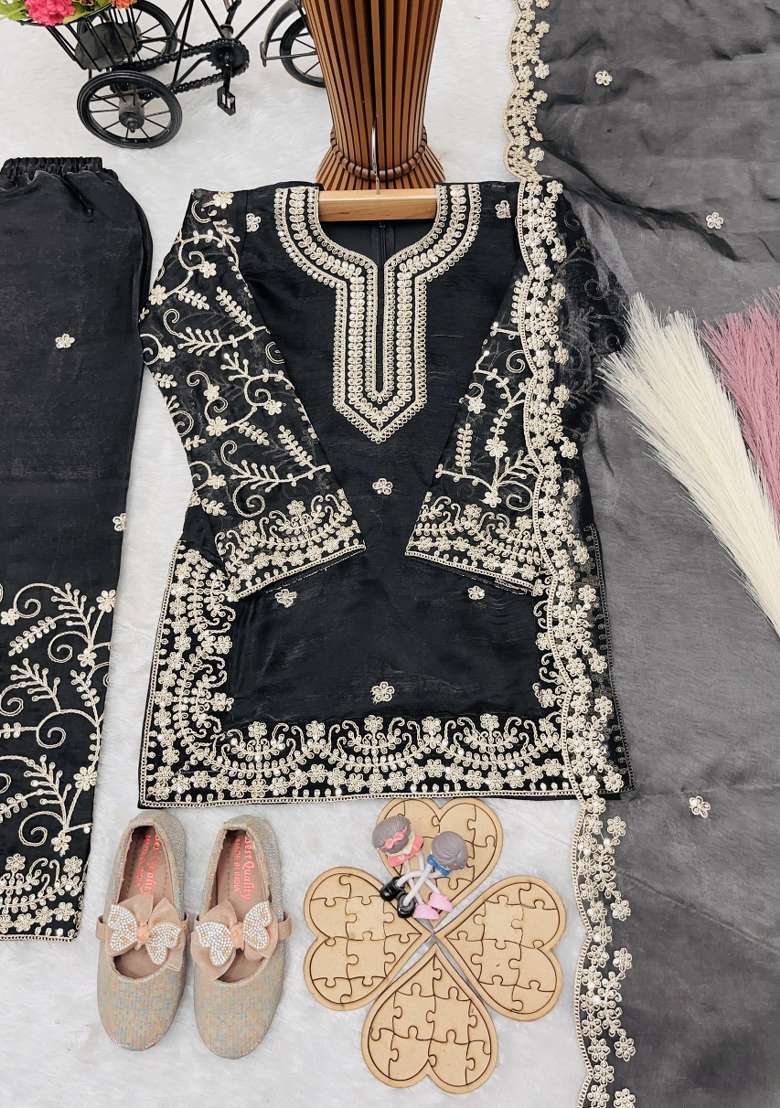 Black Embroidered Silk Salwar Suits For Girls - Indya