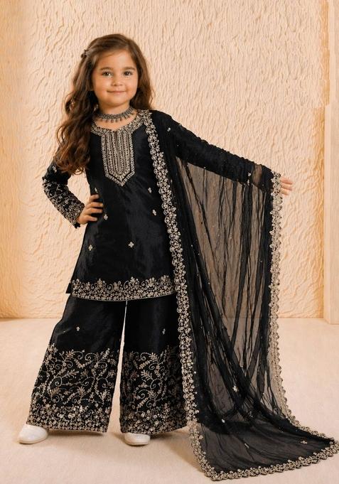 Black Embroidered Silk Salwar Suits For Girls