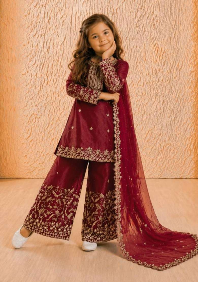 Maroon Embroidered Silk Salwar Suits For Girls - Indya