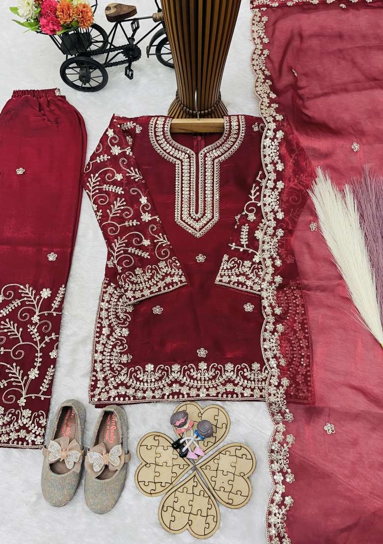 Maroon Embroidered Silk Salwar Suits For Girls - Indya