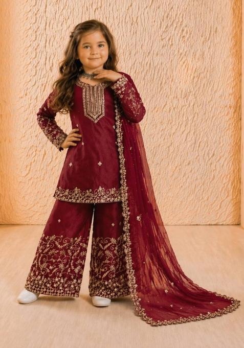 Maroon Embroidered Silk Salwar Suits For Girls