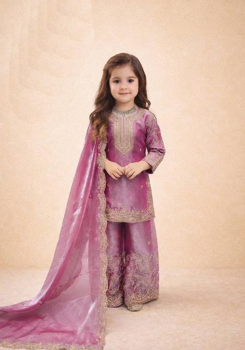 Pink Embroidered Silk Salwar Suits For Girls