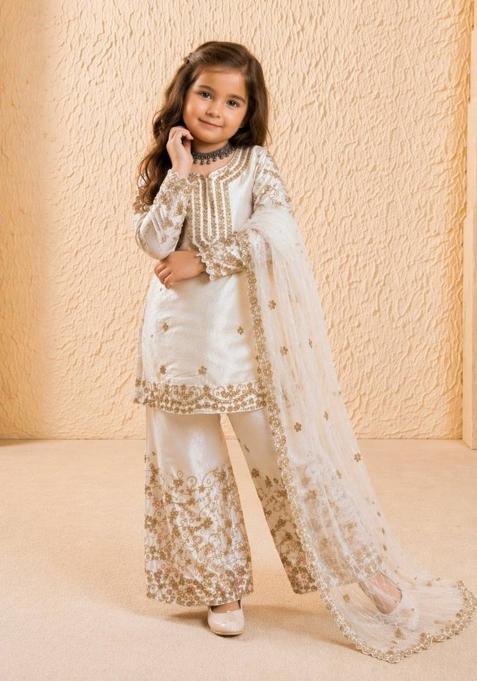 White Embroidered Silk Salwar Suits For Girls