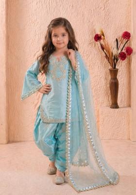 Sky Blue Embroidered Silk Salwar Suits For Girls