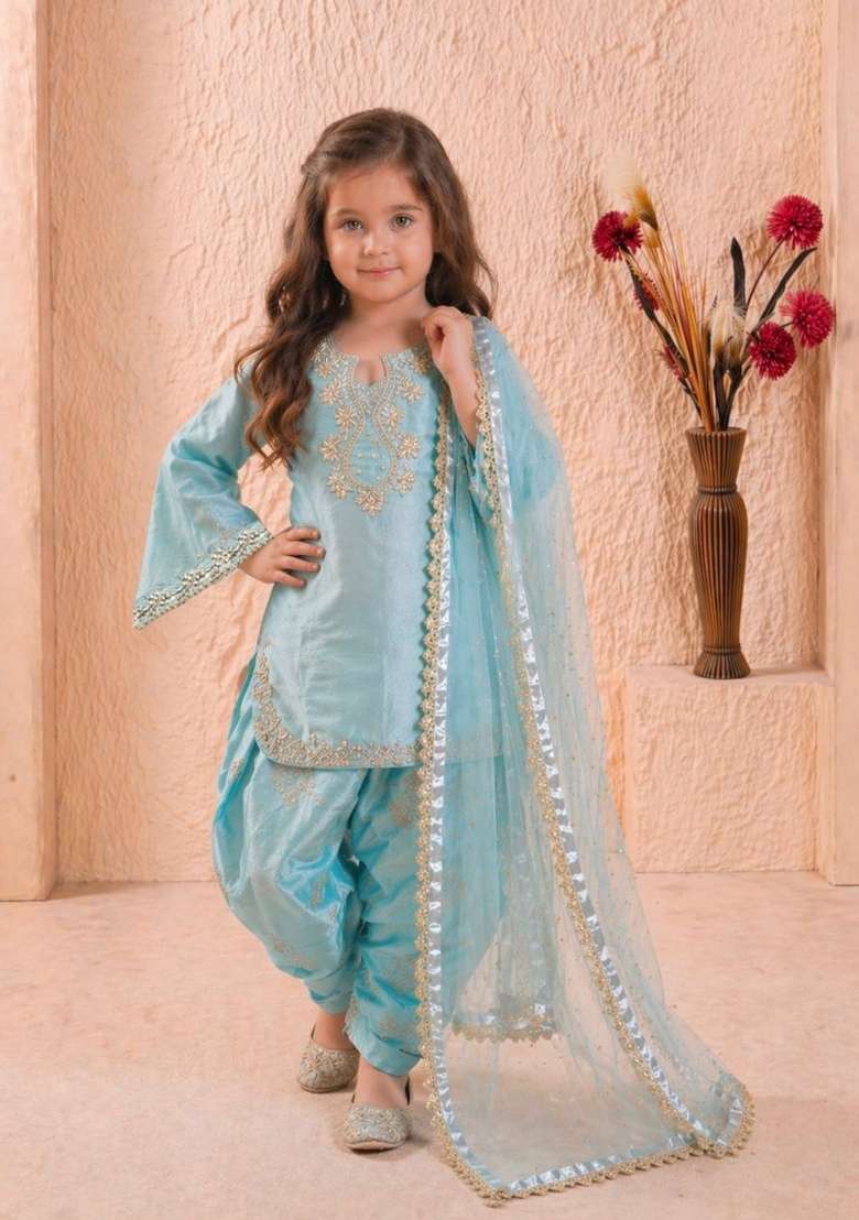 Sky Blue Embroidered Silk Salwar Suits For Girls - Indya