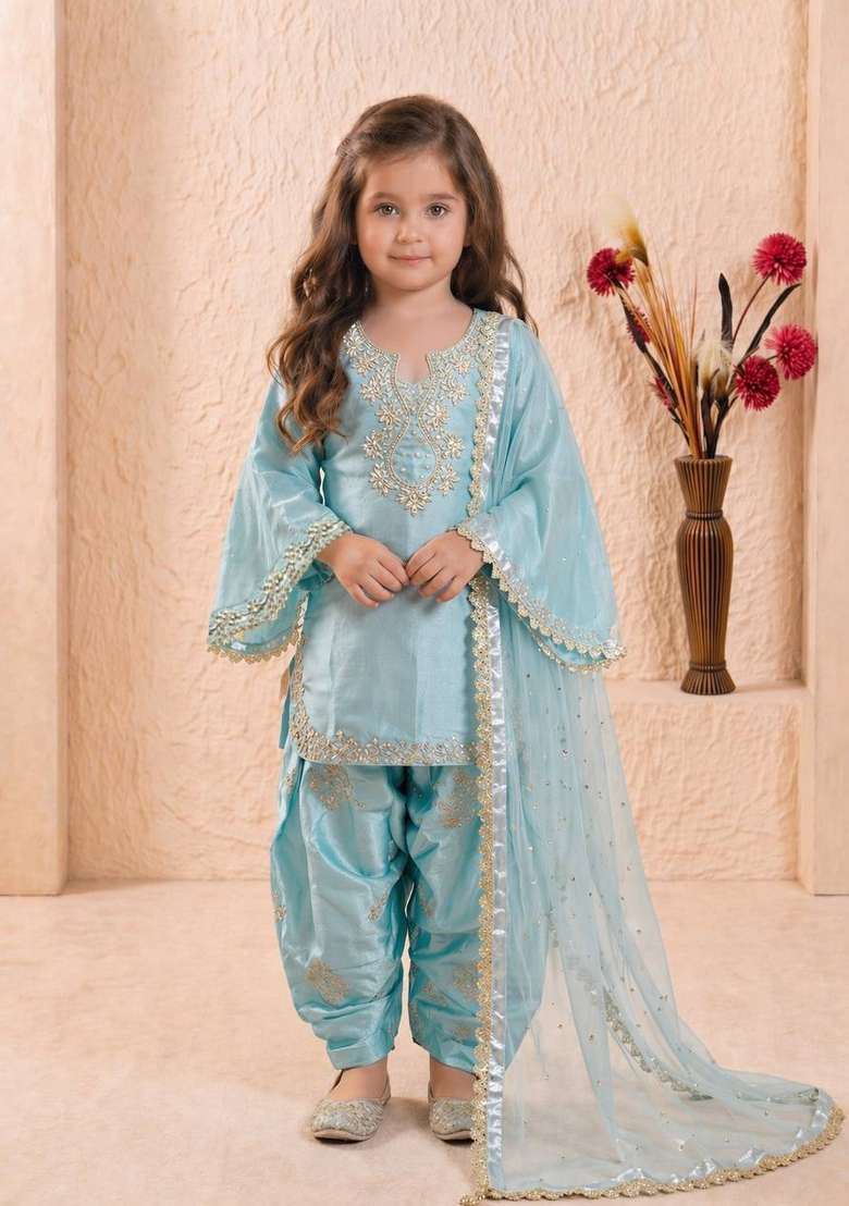 Sky Blue Embroidered Silk Salwar Suits For Girls - Indya