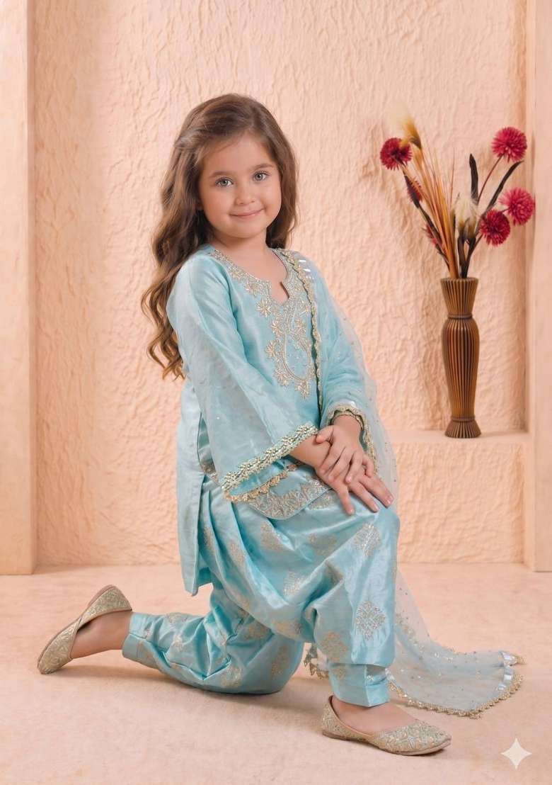 Sky Blue Embroidered Silk Salwar Suits For Girls - Indya