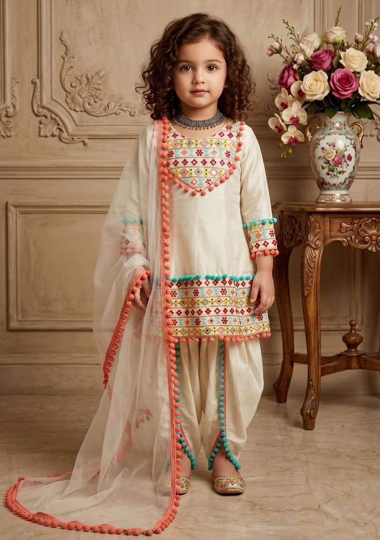 Cream Embroidered Satin Salwar Suits For Girls - Indya