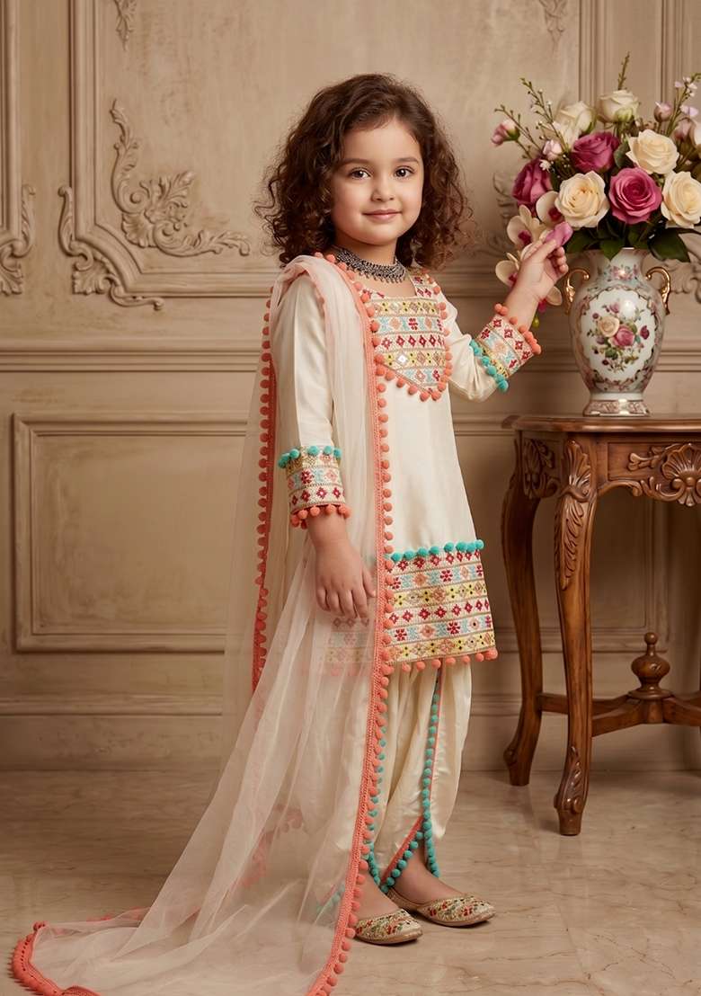 Cream Embroidered Satin Salwar Suits For Girls - Indya