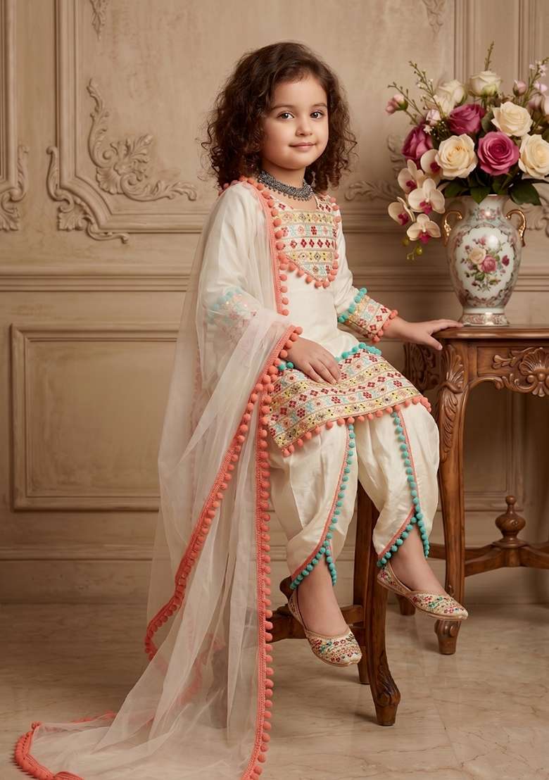 Cream Embroidered Satin Salwar Suits For Girls - Indya