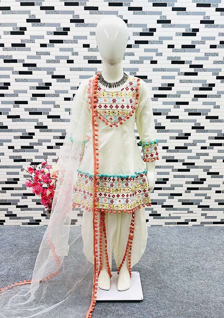 Cream Embroidered Satin Salwar Suits For Girls - Indya