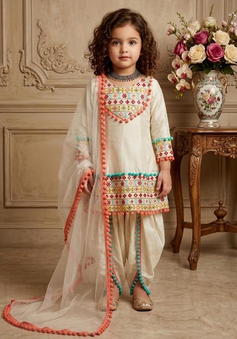 Cream Embroidered Satin Salwar Suits For Girls
