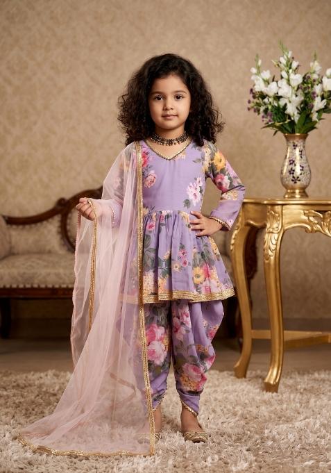 Lavender Printed Georgette Salwar Suits For Girls