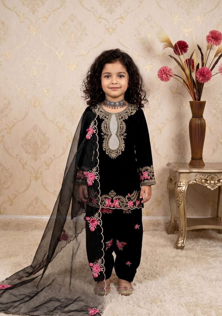 Black Embroidered Crepe Salwar Suits For Girls - Indya