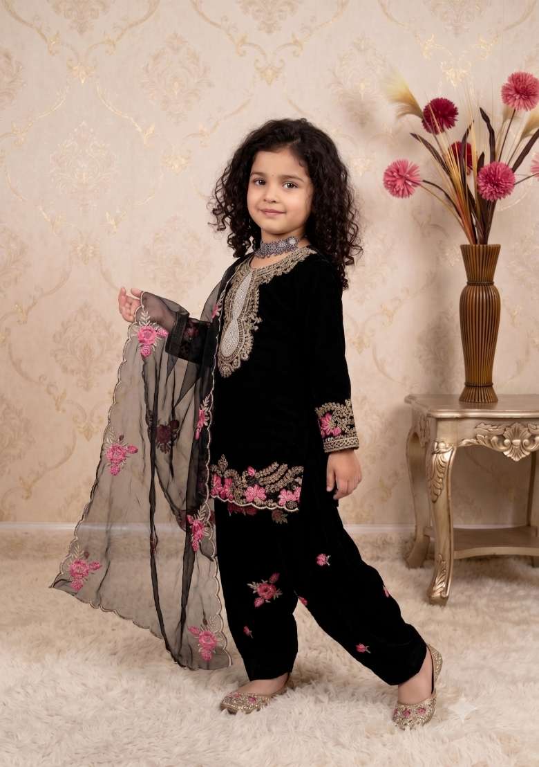 Black Embroidered Crepe Salwar Suits For Girls - Indya