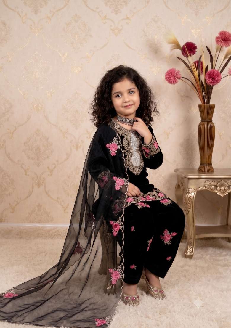 Black Embroidered Crepe Salwar Suits For Girls - Indya