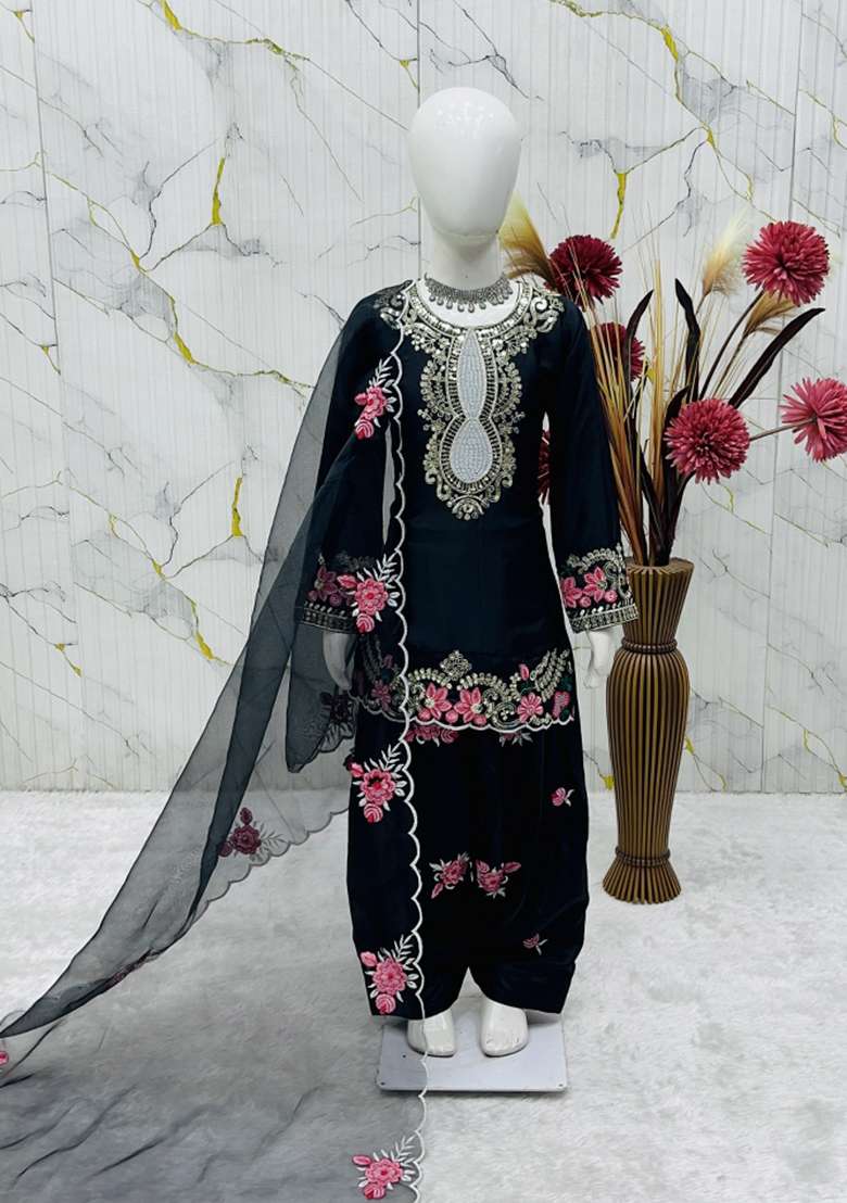 Black Embroidered Crepe Salwar Suits For Girls - Indya