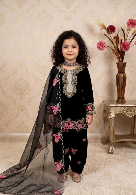 Black Embroidered Crepe Salwar Suits For Girls