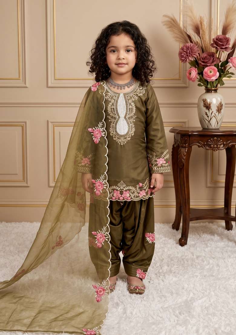 Mehendi Green Embroidered Crepe Salwar Suits For Girls - Indya